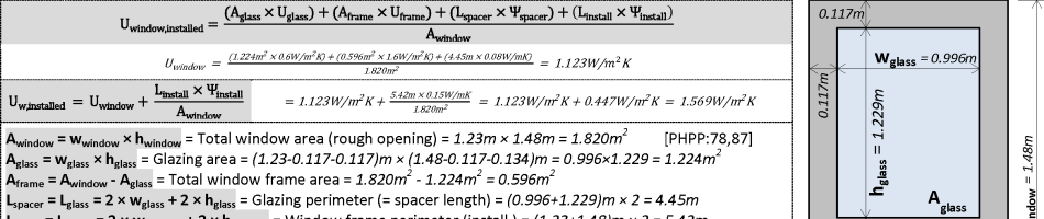 Passive House Passivhaus Compendium - phpp Study Cheat Sheet - formulas - windows - u-value - glass - frame - psi spacer - psi installation - 0.80 W/m2K